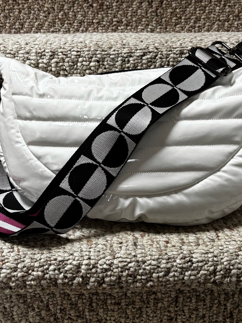 Think Royln…White Quilted Crossbody Bag with Black /Pink Patterned Strap